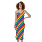 Rainbow Diagonal Striped Pattern Print Slim Fit Midi Cami Dress