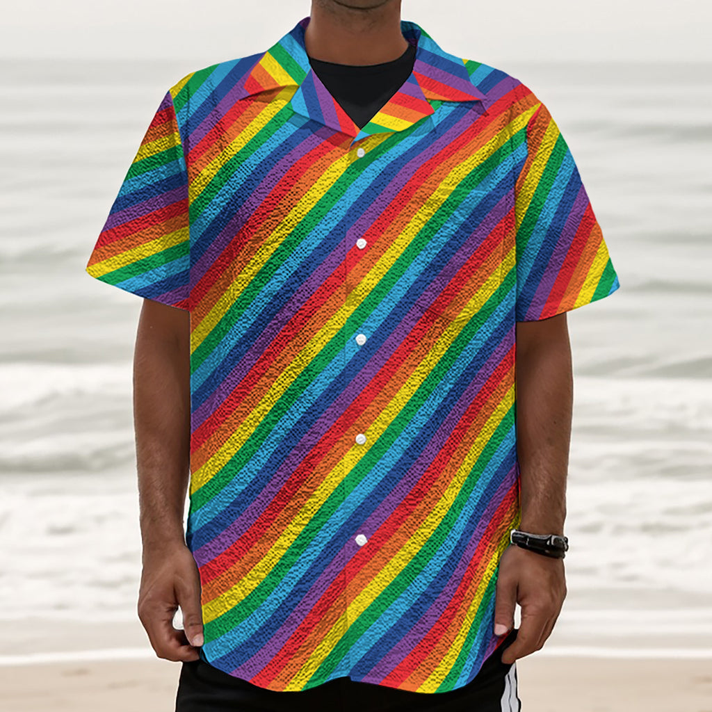 Rainbow Diagonal Striped Pattern Print Textured Short Sleeve Shirt