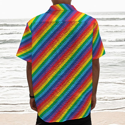 Rainbow Diagonal Striped Pattern Print Textured Short Sleeve Shirt