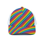 Rainbow Diagonal Striped Pattern Print White Mesh Trucker Cap