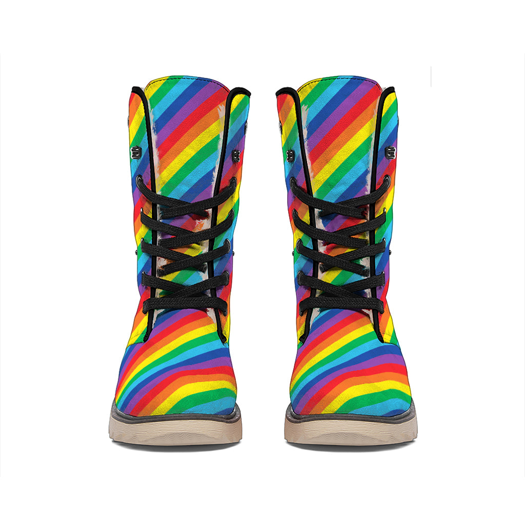 Rainbow Diagonal Striped Pattern Print Winter Boots