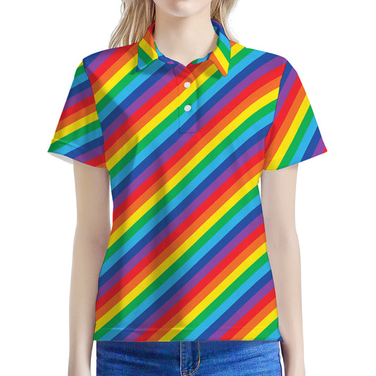 Rainbow Diagonal Striped Pattern Print Women's Polo Shirt
