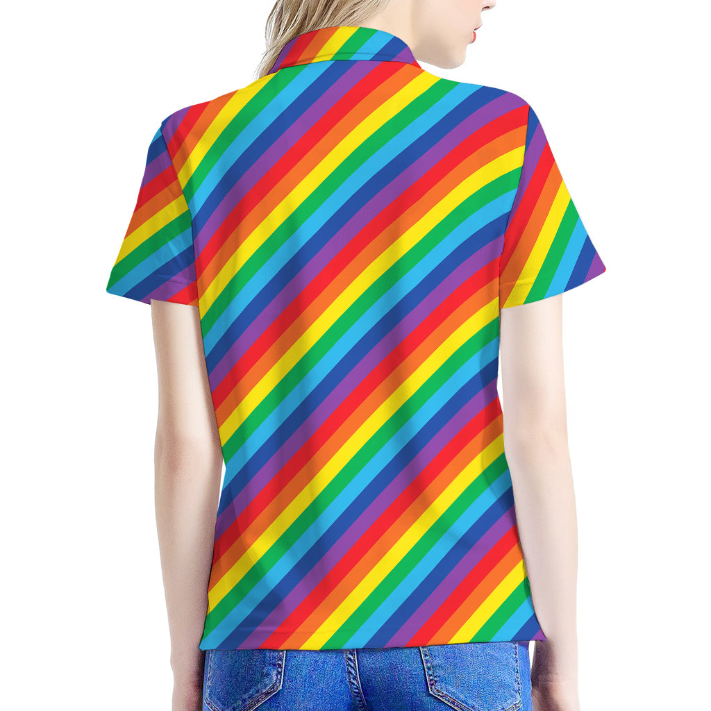 Rainbow Diagonal Striped Pattern Print Women's Polo Shirt