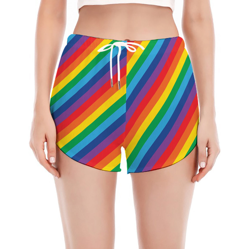 Rainbow Diagonal Striped Pattern Print Women's Split Running Shorts