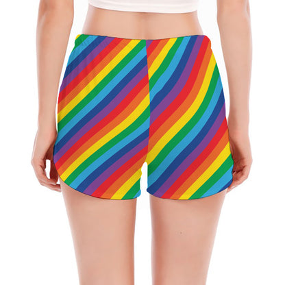 Rainbow Diagonal Striped Pattern Print Women's Split Running Shorts