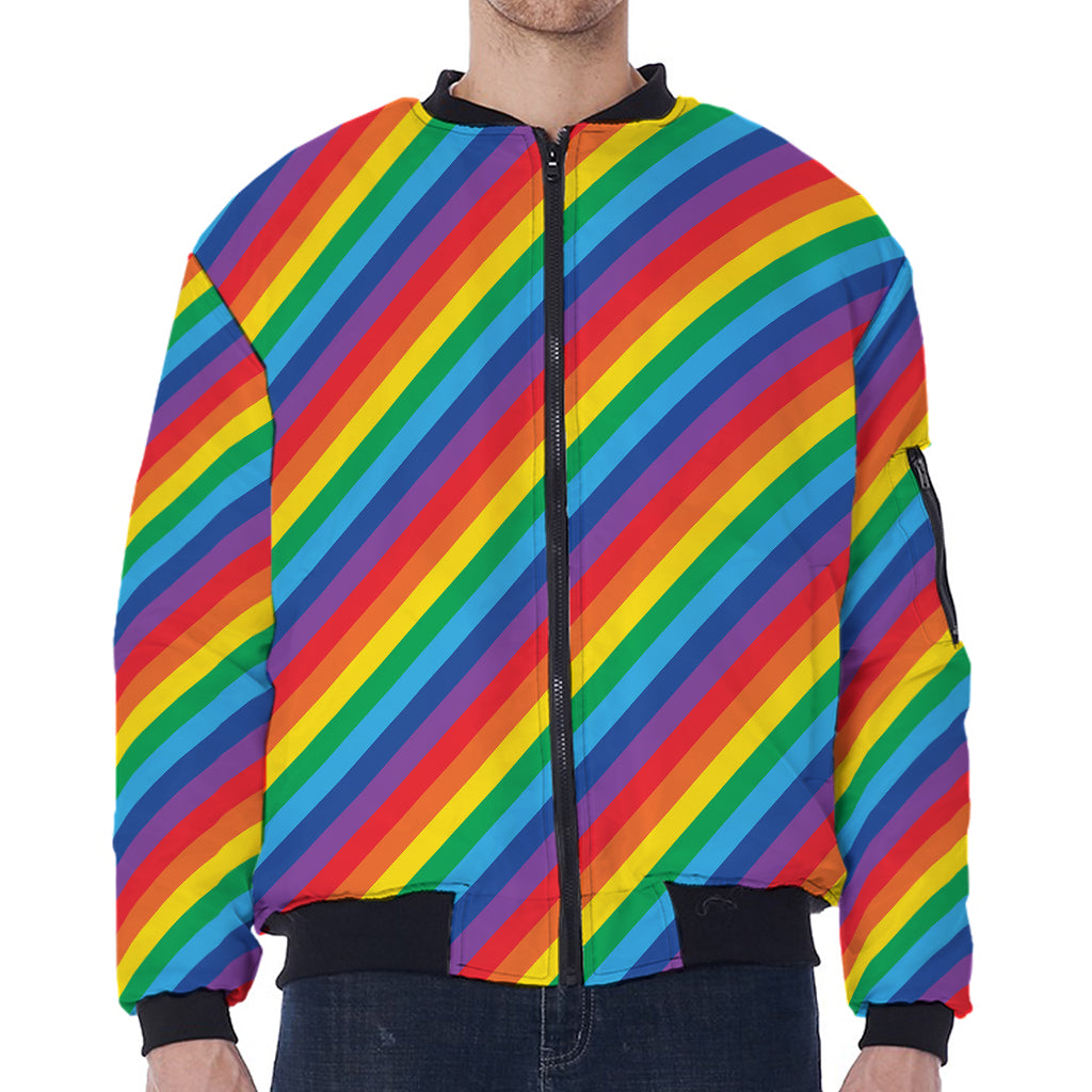 Rainbow Diagonal Striped Pattern Print Zip Sleeve Bomber Jacket