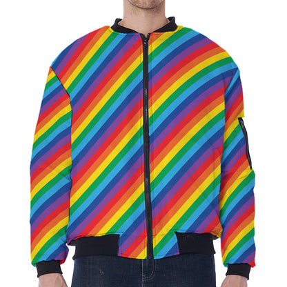 Rainbow Diagonal Striped Pattern Print Zip Sleeve Bomber Jacket