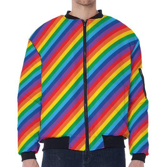 Rainbow Diagonal Striped Pattern Print Zip Sleeve Bomber Jacket