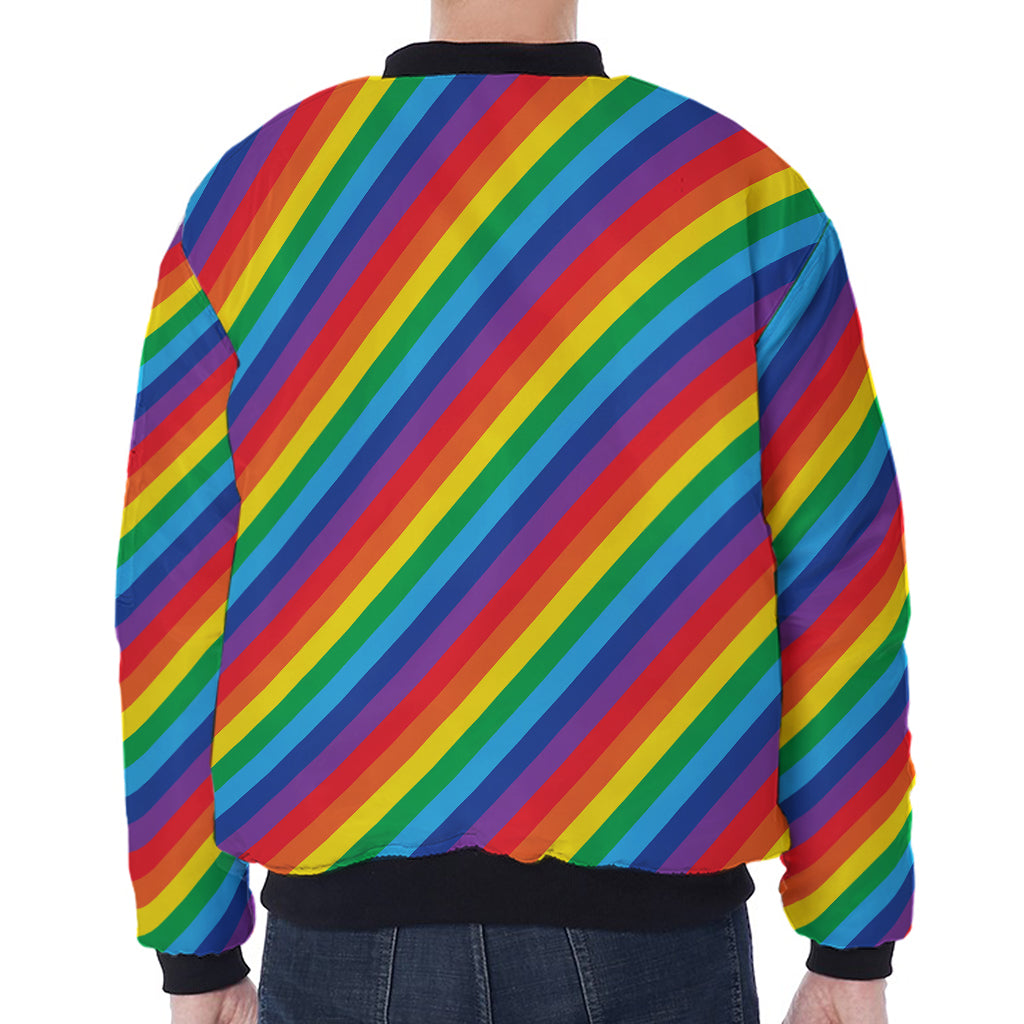 Rainbow Diagonal Striped Pattern Print Zip Sleeve Bomber Jacket