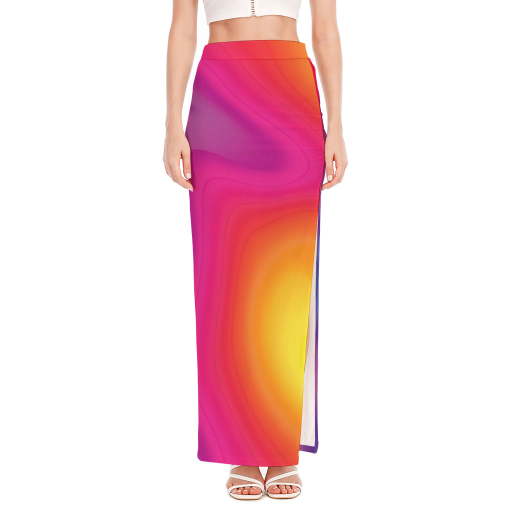 Rainbow Flow Print High Slit Maxi Skirt