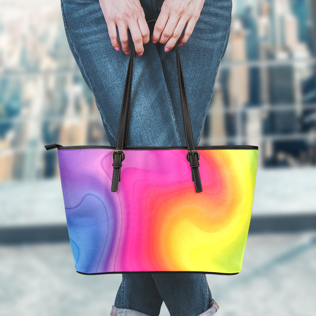 Rainbow Flow Print Leather Tote Bag