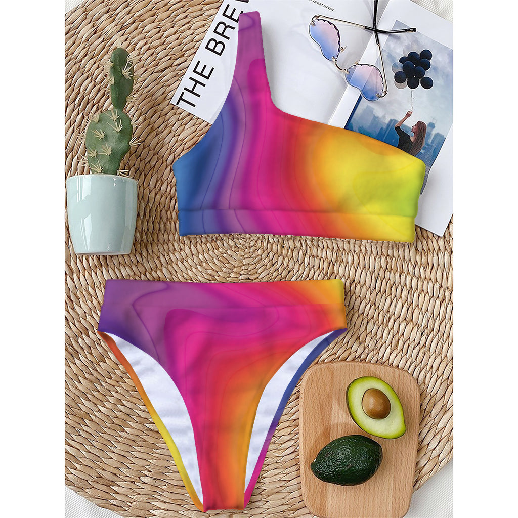 Rainbow Flow Print One Shoulder Bikini Top