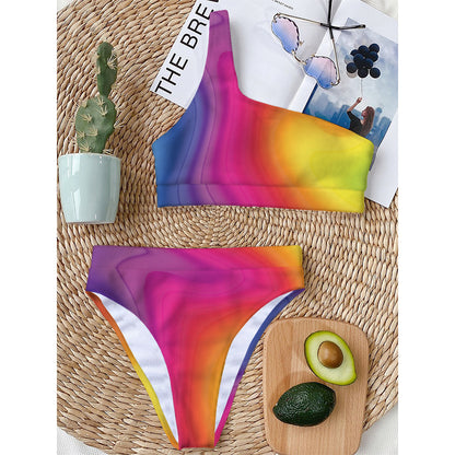 Rainbow Flow Print One Shoulder Bikini Top