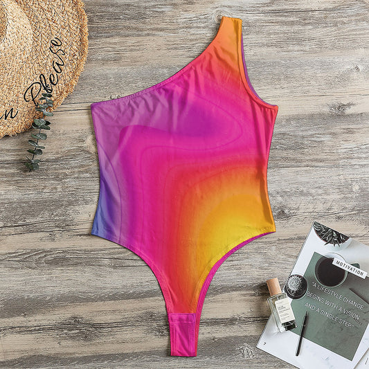 Rainbow Flow Print One Shoulder Bodysuit