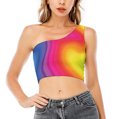 Rainbow Flow Print One Shoulder Crop Top