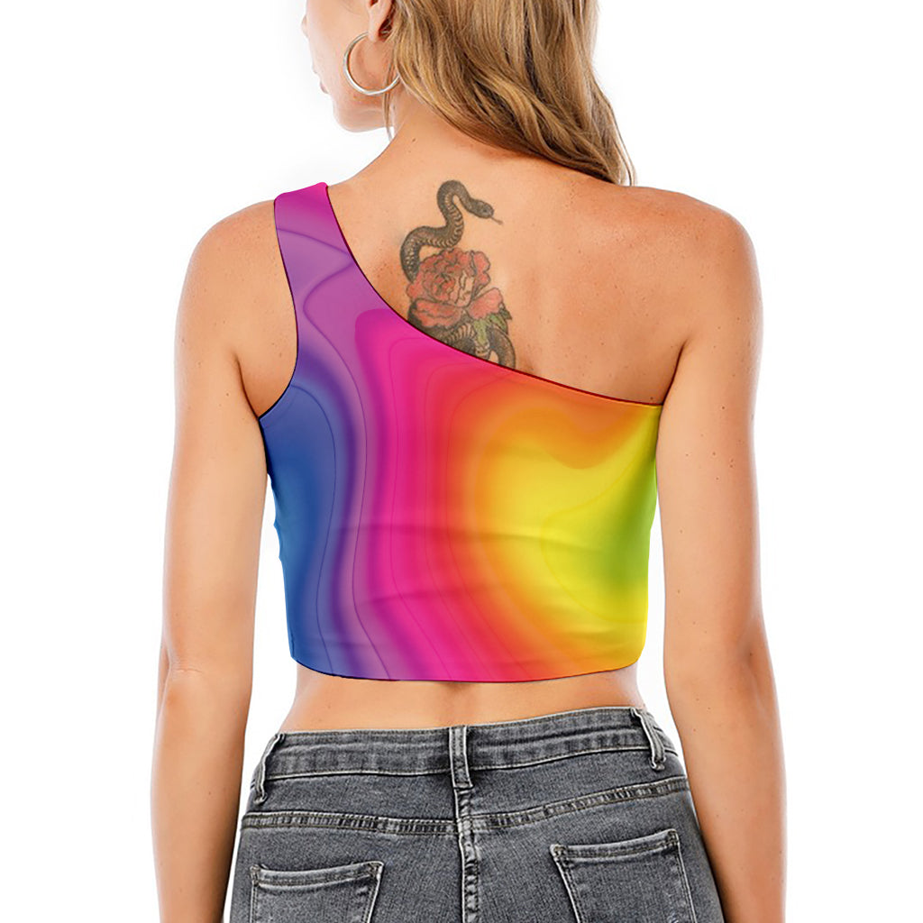 Rainbow Flow Print One Shoulder Crop Top