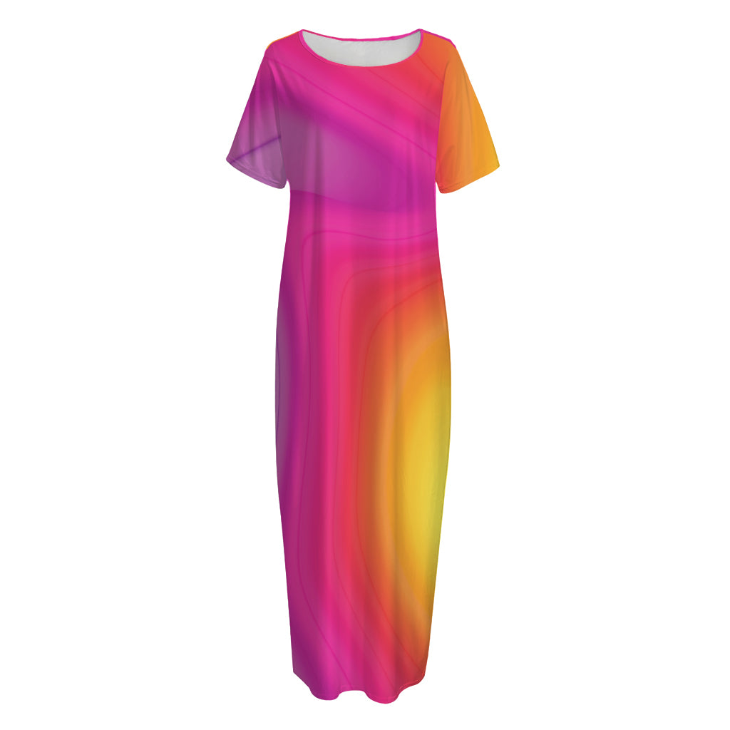 Rainbow Flow Print Short Sleeve Long Nightdress