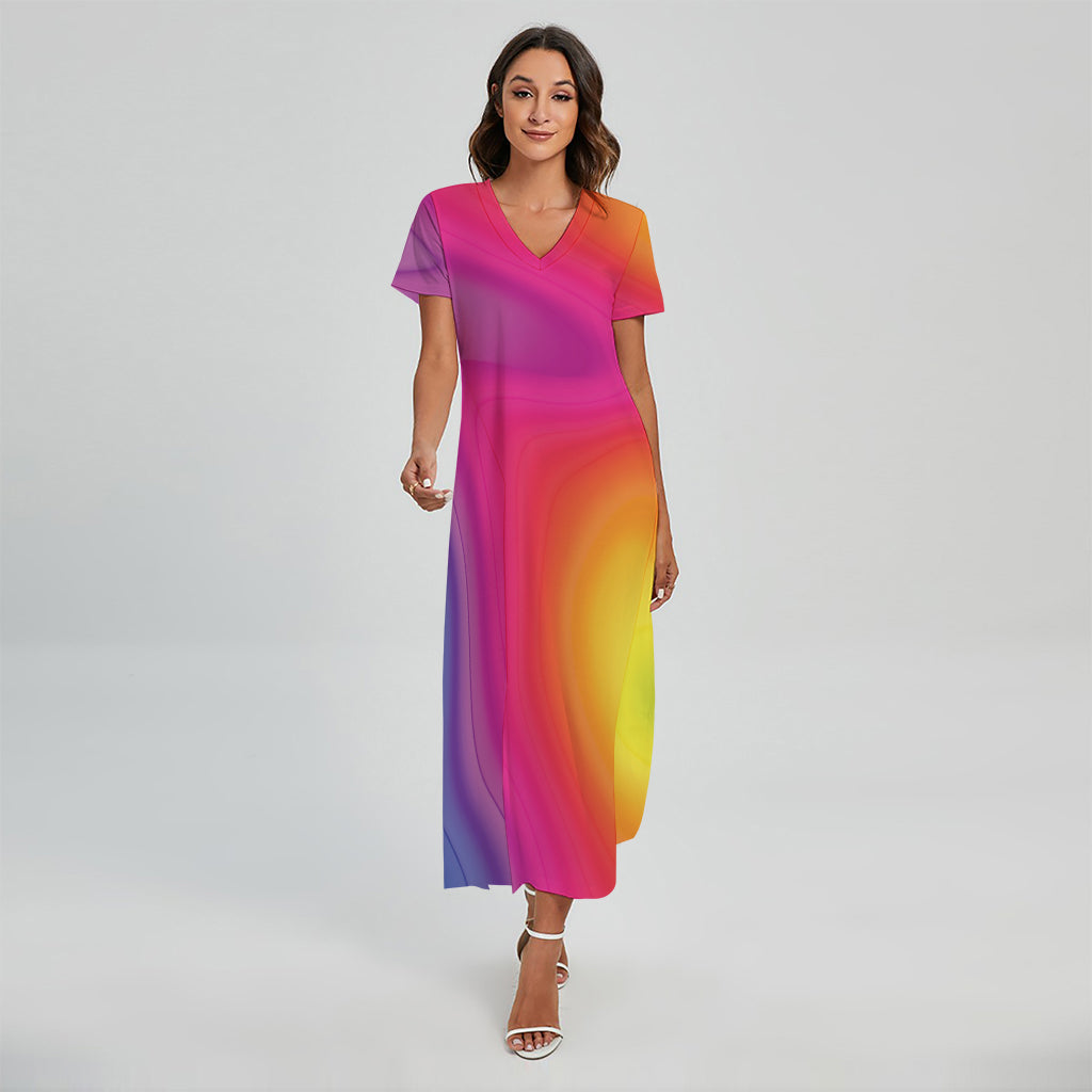 Rainbow Flow Print Short Sleeve Maxi Dress