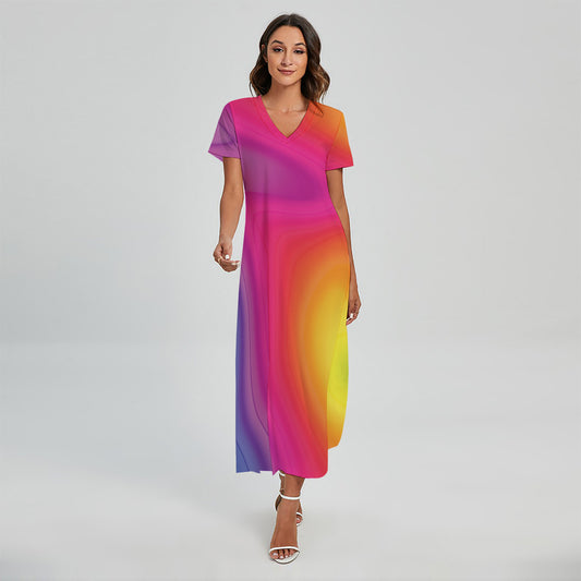 Rainbow Flow Print Short Sleeve Maxi Dress
