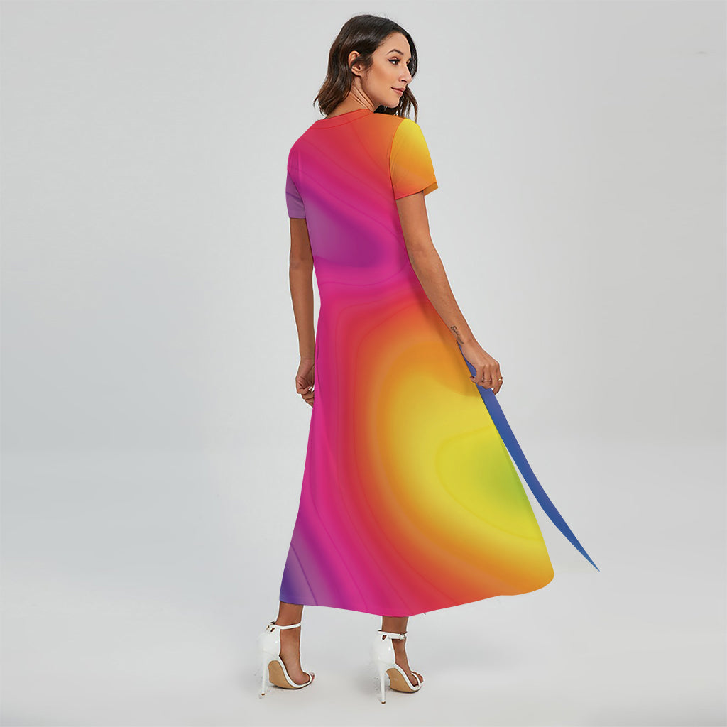 Rainbow Flow Print Short Sleeve Maxi Dress