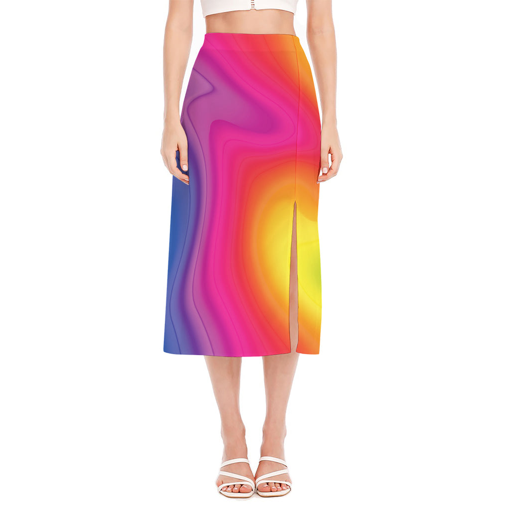 Rainbow Flow Print Side Slit Midi Skirt