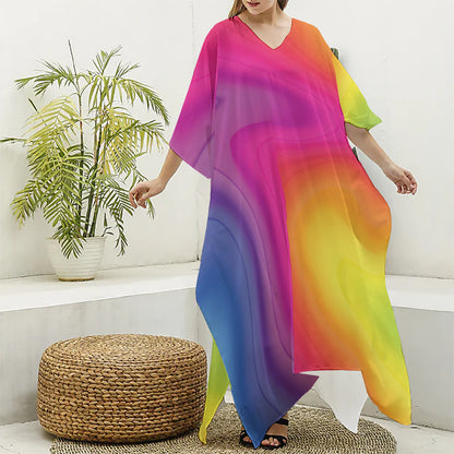 Rainbow Flow Print Silk V-Neck Kaftan Dress