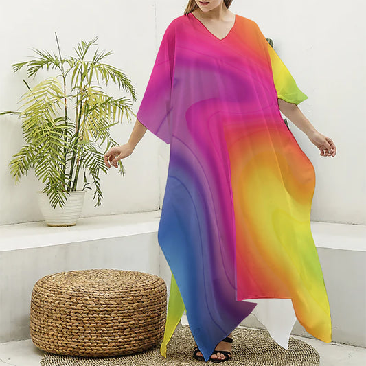 Rainbow Flow Print Silk V-Neck Kaftan Dress