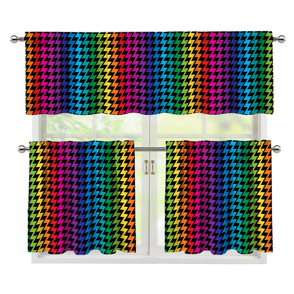 Rainbow Gay Pride Zigzag Pattern Print 3 Piece Kitchen Curtains