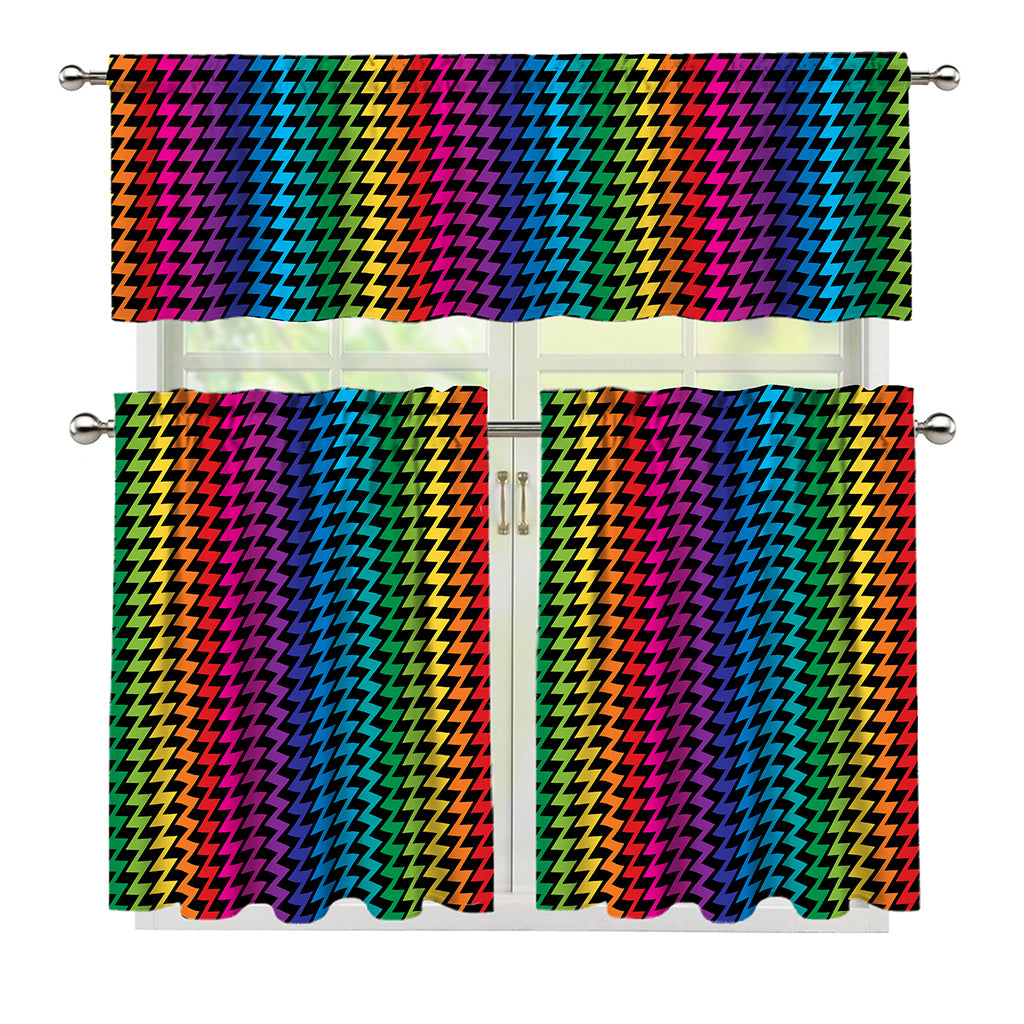 Rainbow Gay Pride Zigzag Pattern Print 3 Piece Kitchen Curtains