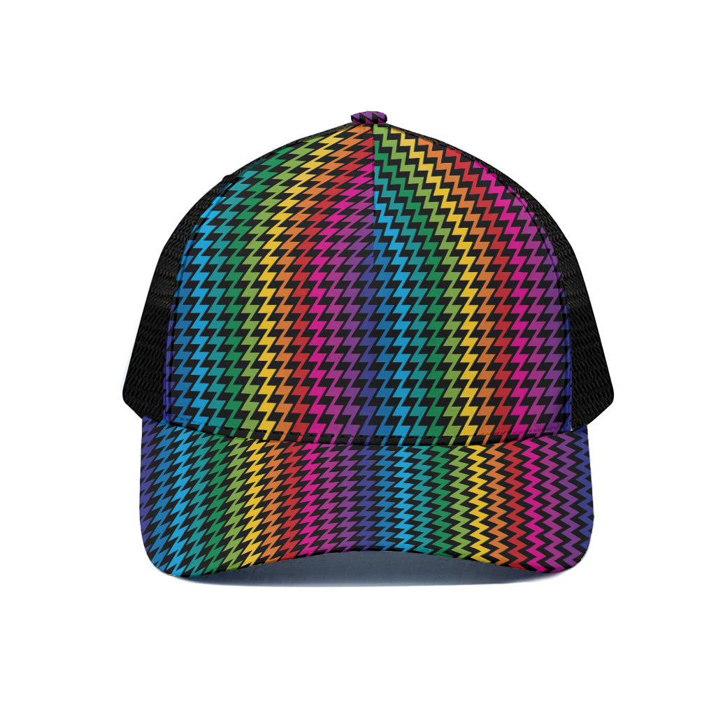 Rainbow Gay Pride Zigzag Pattern Print Black Mesh Trucker Cap