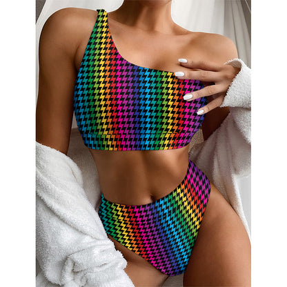 Rainbow Gay Pride Zigzag Pattern Print One Shoulder Bikini Top