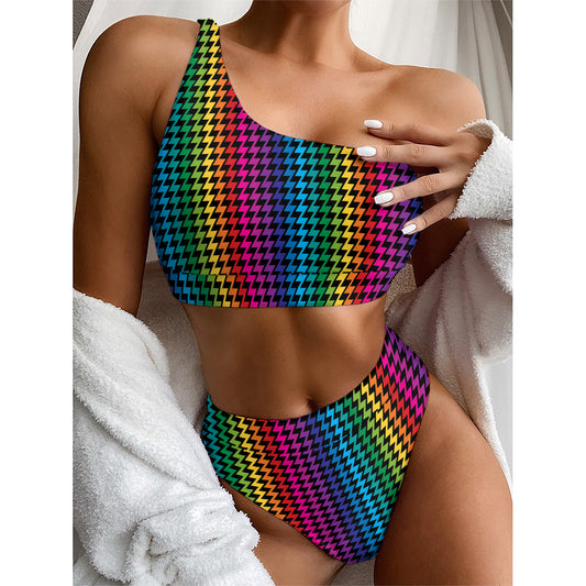 Rainbow Gay Pride Zigzag Pattern Print One Shoulder Bikini Top