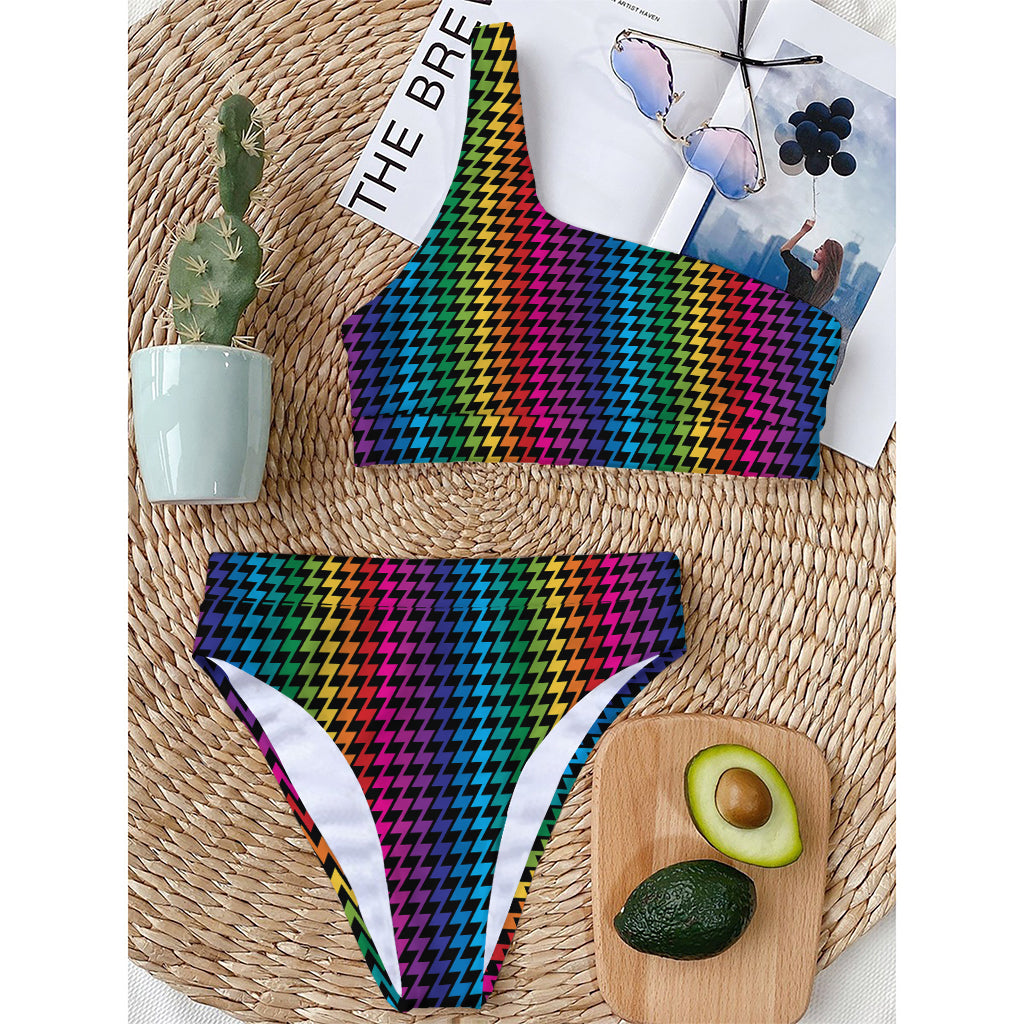 Rainbow Gay Pride Zigzag Pattern Print One Shoulder Bikini Top