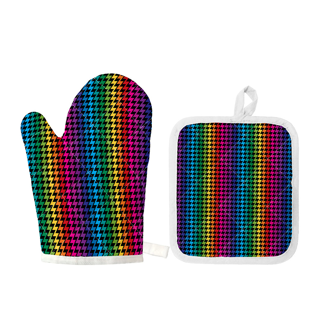 Rainbow Gay Pride Zigzag Pattern Print Oven Mitt And Pot Holder Set