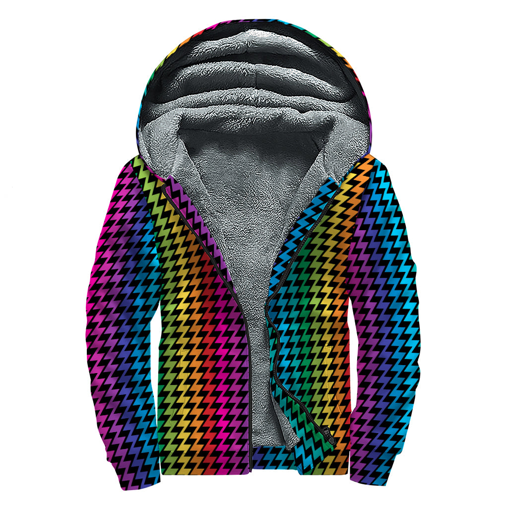 Rainbow Gay Pride Zigzag Pattern Print Sherpa Lined Zip Up Hoodie