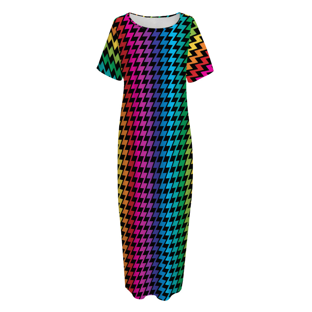 Rainbow Gay Pride Zigzag Pattern Print Short Sleeve Long Nightdress