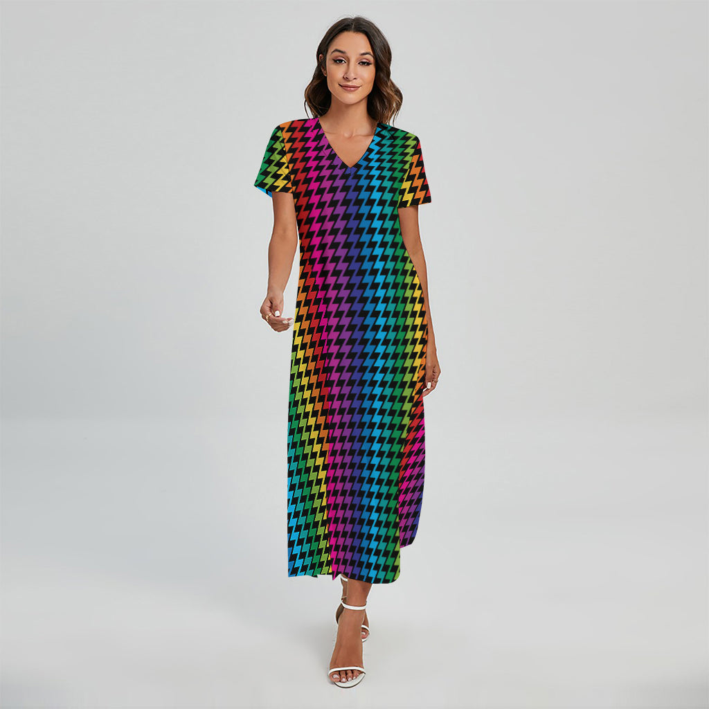 Rainbow Gay Pride Zigzag Pattern Print Short Sleeve Maxi Dress