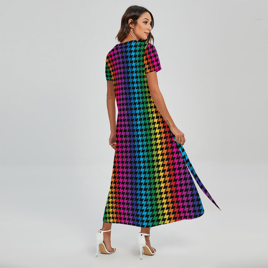 Rainbow Gay Pride Zigzag Pattern Print Short Sleeve Maxi Dress