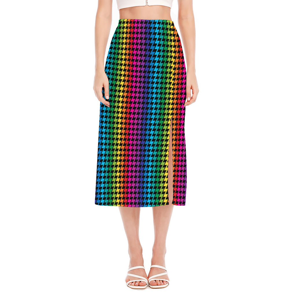 Rainbow Gay Pride Zigzag Pattern Print Side Slit Midi Skirt