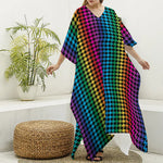 Rainbow Gay Pride Zigzag Pattern Print Silk V-Neck Kaftan Dress