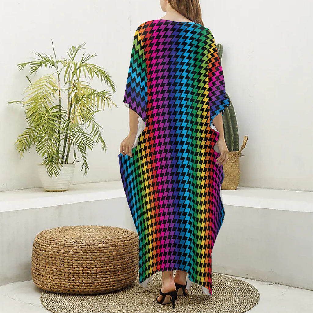 Rainbow Gay Pride Zigzag Pattern Print Silk V-Neck Kaftan Dress