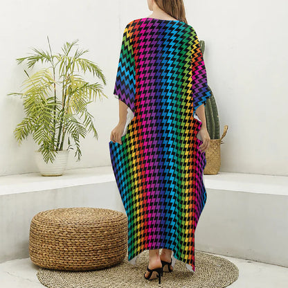 Rainbow Gay Pride Zigzag Pattern Print Silk V-Neck Kaftan Dress