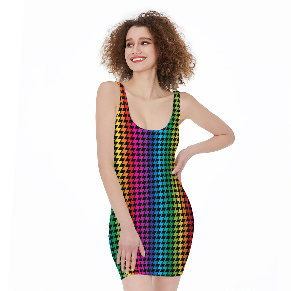 Rainbow Gay Pride Zigzag Pattern Print Sleeveless Bodycon Dress