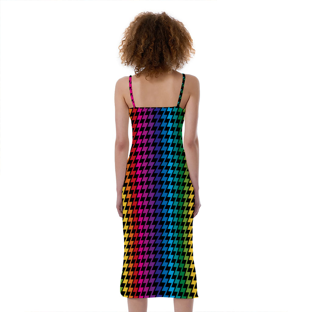 Rainbow Gay Pride Zigzag Pattern Print Slim Fit Midi Cami Dress