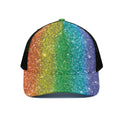 Rainbow (NOT Real) Glitter Print Black Mesh Trucker Hat
