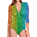 Rainbow (NOT Real) Glitter Print Long Sleeve Swimsuit