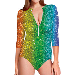 Rainbow Glitter Print (NOT Real Glitter) Long Sleeve Swimsuit