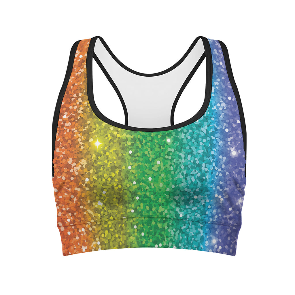 Rainbow Glitter Print (NOT Real Glitter) Women's Sports Bra