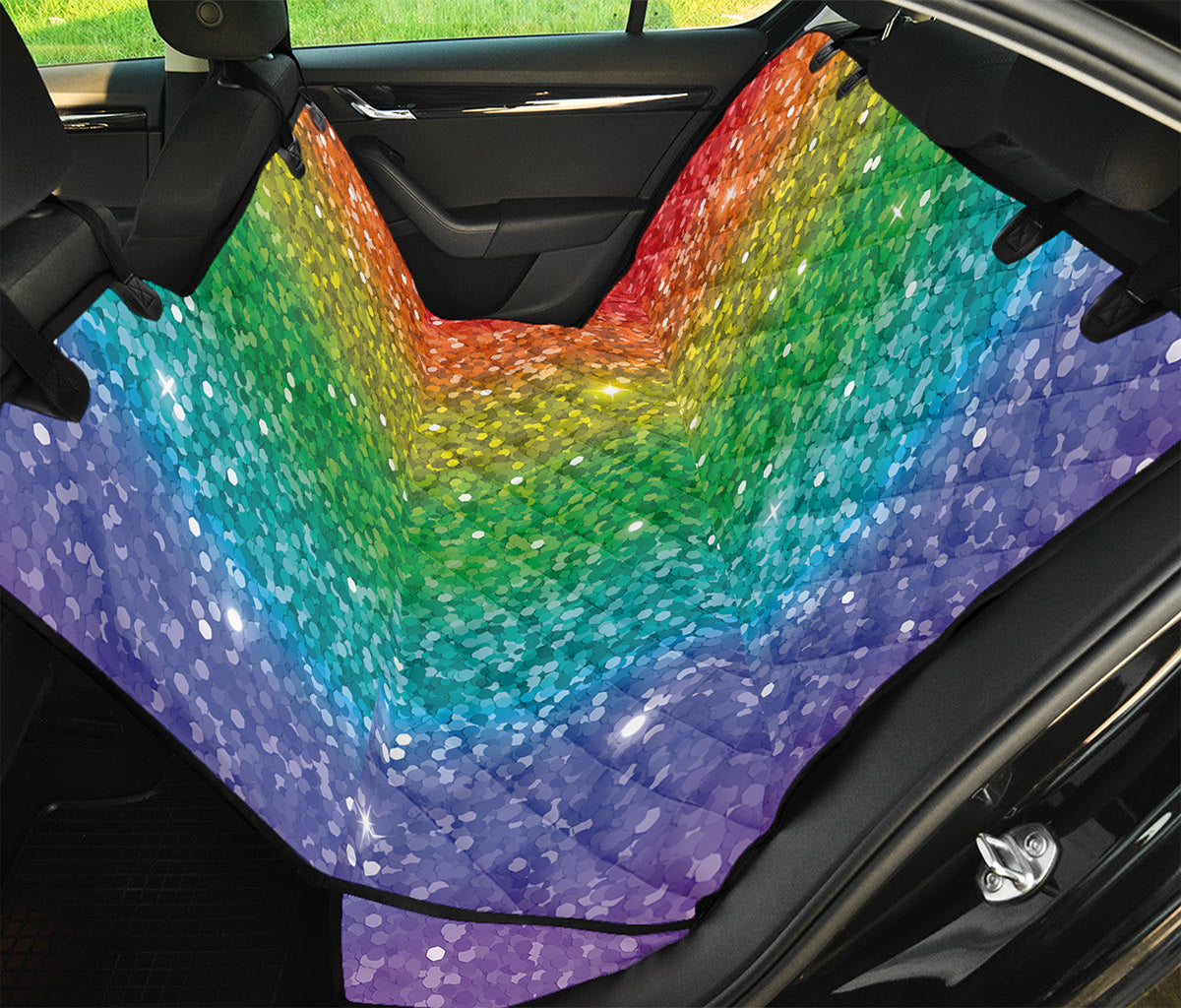 Rainbow (NOT Real) Glitter Print Pet Car Back Seat Cover