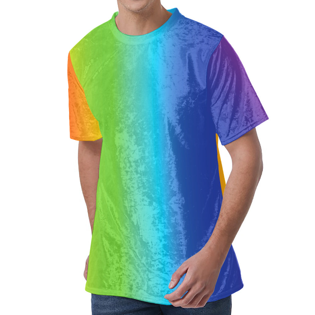 Rainbow Gradient Print Men's Velvet T-Shirt